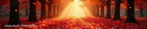 Obraz Golden light filters through trees onto red-leaf strewn path, glow, autumn, shadow