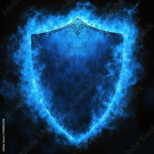 Fototapeta Abstract shield with swirling blue energy mist on black background symbolizing power protection and strength in a dynamic futuristic style
