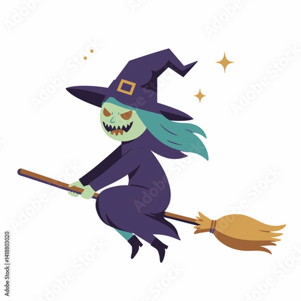 Fototapeta Vector illustration of witch with her broom stick wearing pointy hat flying across the sky and stars isolated on white background