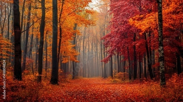 Fototapeta Autumnal Path: A Misty Forest Walk