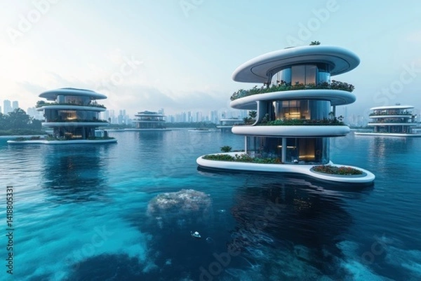 Fototapeta Futuristic Floating Homes: A Sustainable Waterfront Utopia