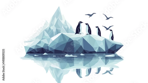 Fototapeta stylized vector illustration of a low polygonal representation of an iceberg with a group of penguins perched on the top.