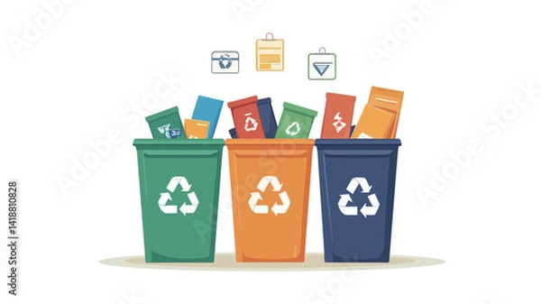 Fototapeta The illustration shows three cylindrical recycling bins in green, orange and blue, each prominently emblazoned with a universal recycling symbol.
