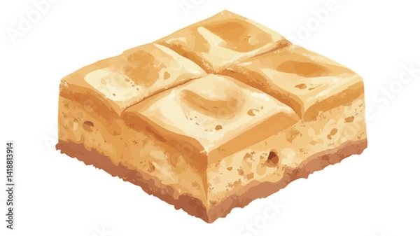 Obraz This digitally rendered close-up of a square dessert. The dessert is a rich golden color and has a creamy or buttery texture. The top layer is divided into four sections by subtle scoring.