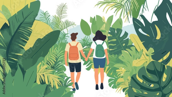 Fototapeta A digitally rendered illustration shows the back view of a young couple, holding hands, walking down a path hidden in a lush, vibrant tropical jungle. The illustration uses a flat design.