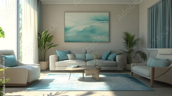 Fototapeta An inviting office living room in neutral tones of beige and gray, accented with soft blue pillows and green wall art, illuminated by natural light filtering through sheer curtains, creating a calm 