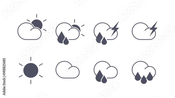 Obraz Monochrome flat weather icons showing sun, cloud, rain, and thunderstorm. Ideal for dark UI, print material, or minimalist design projects