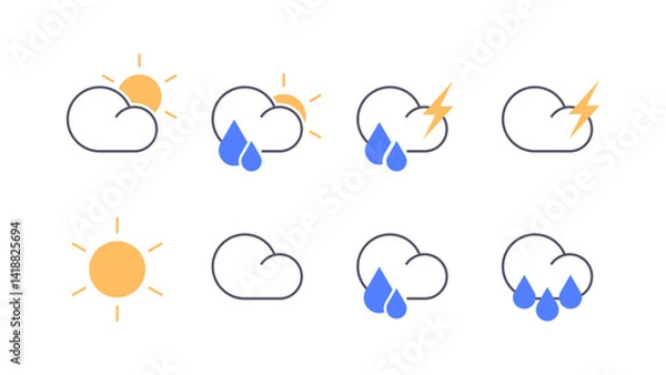 Obraz Minimal flat weather icons including sun, cloud, rain, and lightning. Clean design for forecast interface, app UI, or infographics