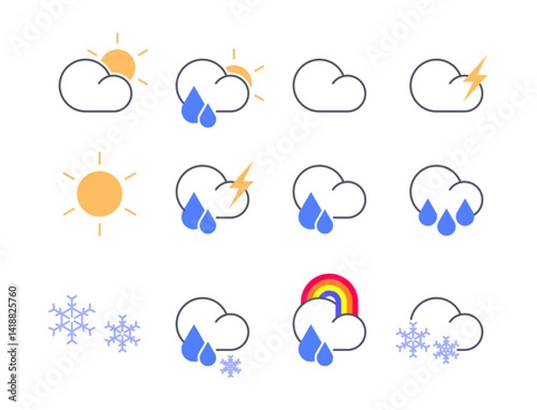 Obraz Flat style weather icon set including sun, cloud, rain, lightning, snow, and rainbow. Simple minimal design for forecast or climate app interface and infographic