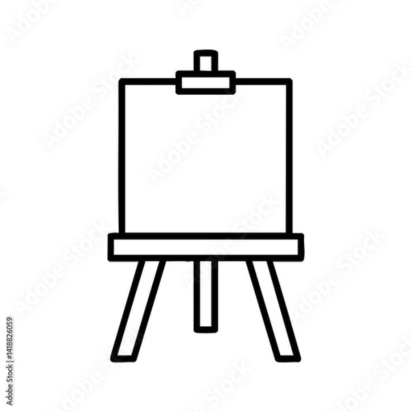 Fototapeta Minimalist black outline icon of a painting easel with blank canvas, ideal for art apps, design platforms, or creative education content.