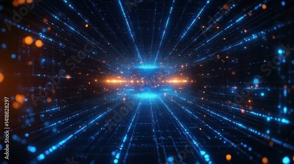 Fototapeta Futuristic digital grid with glowing neon blue lines and dots high speed data transfer cyberspace network technology sci fi background