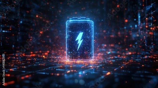Obraz Futuristic glowing battery icon with lightning symbol high power electric energy renewable clean technology digital abstract background