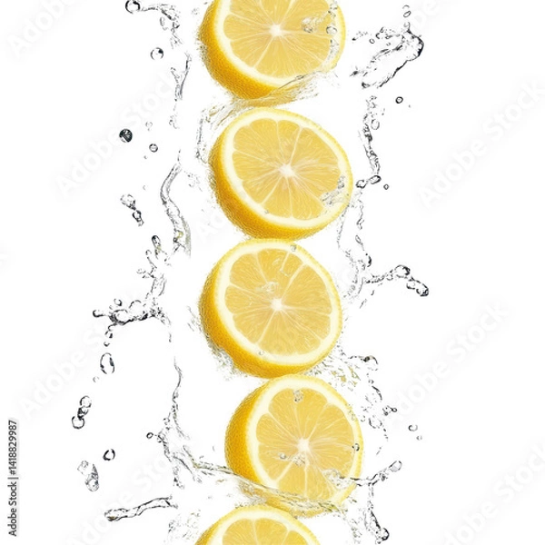 Fototapeta Zesty Cascade: Capturing the invigorating essence of fresh lemons sliced mid-air, with an explosion of water droplets cascading in a display of freshness and citrus delight. 