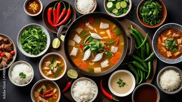 Fototapeta A vibrant spread of Asian cuisine features a large pot and bowls of flavorful soup, fresh vegetables, and bowls of steamed white rice on a dark wooden table