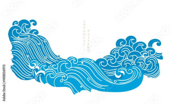Fototapeta Japanese background with line ocean sea pattern vector. Abstract template with geometric wave pattern. Mountain layout design in oriental style