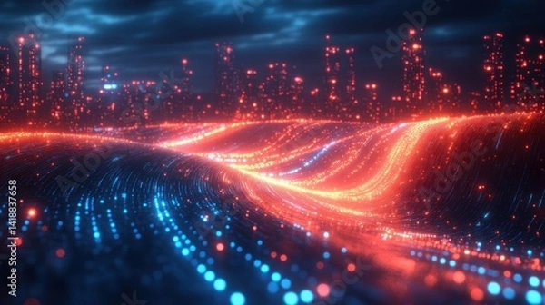 Obraz Futuristic wireless network cityscape with glowing data streams and connection nodes in a neon blue digital skyline