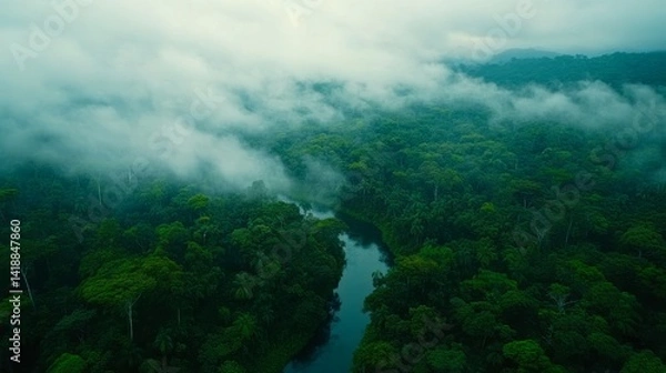 Fototapeta Aerial view of a lush green jungle with a winding river cutting through the misty landscape. Nature thrives in harmony. Explore the wonders of this untouched terrain. Generative AI