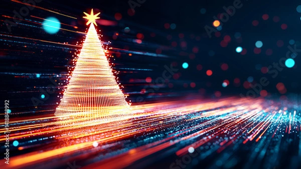 Fototapeta glowing Christmas tree made of light particles shines brightly against dark background, creating festive atmosphere
