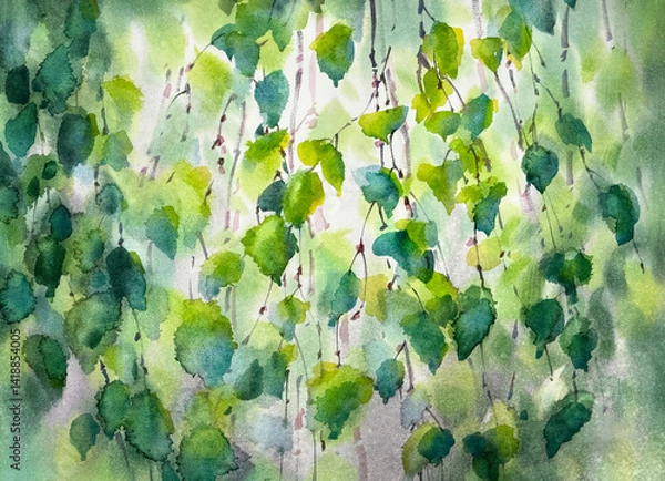Obraz Birch tree leaves in spring abstract watercolor background