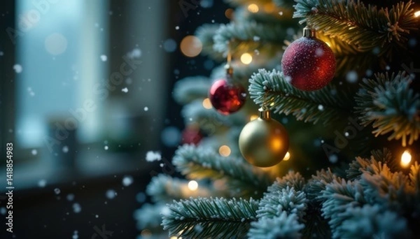 Obraz Close-up of snowflakes gently falling onto a beautifully decorated Christmas tree, christmas, snowflakes