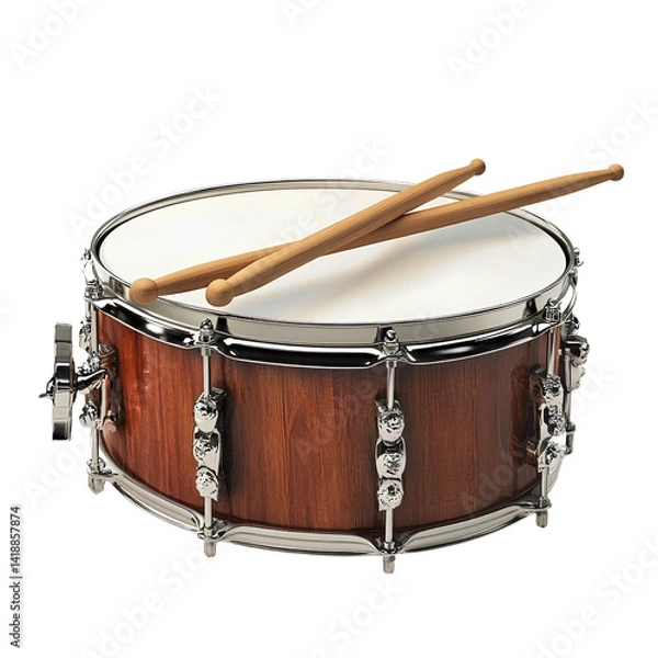 Fototapeta A snare drum with two wooden drumsticks on it, against a transparent background