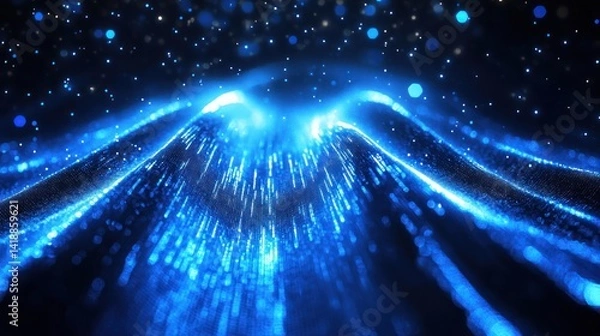 Fototapeta Futuristic dynamic blue digital data stream with glowing energy beams and cyber technology flow in high-tech abstract background
