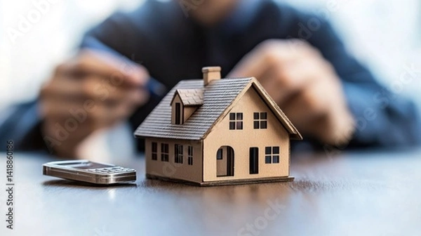 Fototapeta Miniature house model on table with blurred person in background