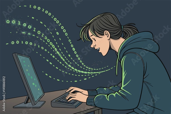Fototapeta A person's hands rapidly typing on a glowing keyboard, binary code streams from the keys.  Cyberpunk aesthetic.