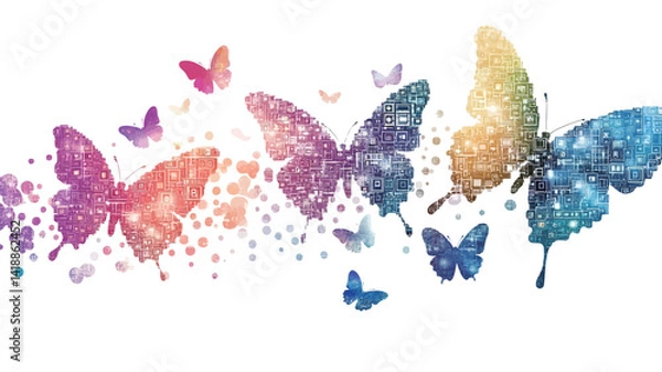 Fototapeta A digital illustration depicts a vibrant flock of butterflies against a white background. The butterflies appear in a range of rainbow colors, creating a glitter-like effect.
