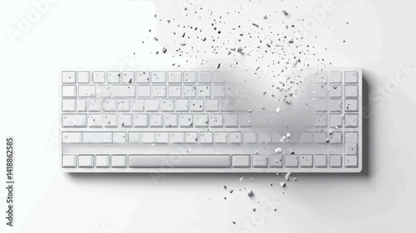 Fototapeta High angle close up studio shot of a white mechanical keyboard against a white background. The keyboard appears to be damaged by water; numerous small water droplets are scattered around it.