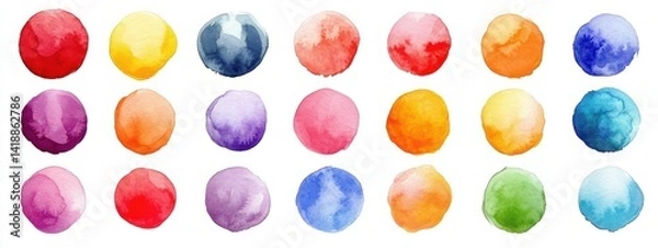 Fototapeta Colorful watercolor round shapes and blobs set with soft textures and vibrant pastel colors on white background