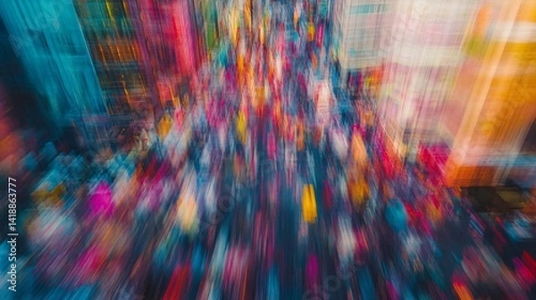 Fototapeta City crowd motion blur, urban street, vibrant colors, busy background, advertising