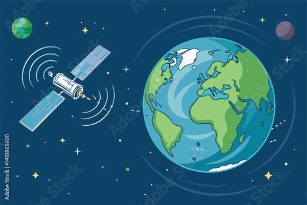 Fototapeta A detailed illustration of a satellite orbiting Earth, emitting strong signal lines, showcasing advanced communication technology.  Background depicts Earth's curvature.