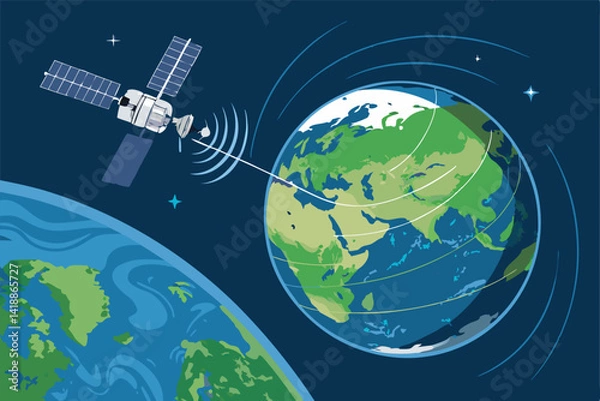 Fototapeta A detailed illustration of a satellite orbiting Earth, emitting strong signal lines back to ground stations.  Show realistic Earth textures and technological satellite details.