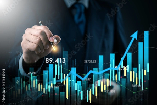Fototapeta Digital financial growth chart with businessman analyzing data trends. Ideal for business analytics, investment growth, data-driven decision making, and market reports.