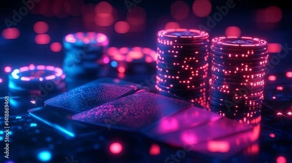 Obraz High-tech poker chips and cards in a vibrant casino setting.