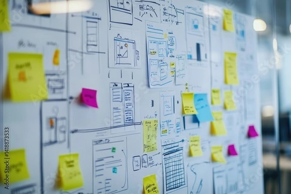 Fototapeta A whiteboard covered in sticky notes and hand-drawn website mockups showcasing a collaborative design process.