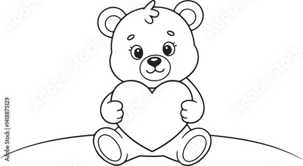 Fototapeta Vector art depicts an outlined teddy bear sitting while holding a heart. Intended for graphic resources, keywords include "teddy bear," "heart," and "love."
