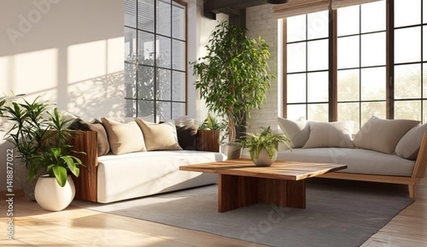 Fototapeta Sunlight Streams into Modern Living Room with Wooden Furniture and Lush Plants, Creating a Serene Atmosphere for Relaxation and Tranquility.