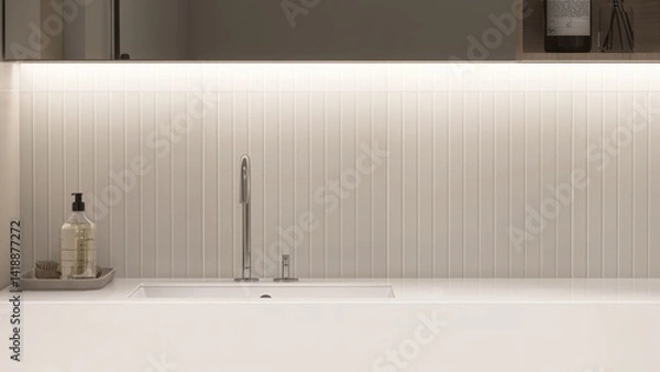 Obraz White rectangle undercounter washbasin, chrome faucet on vanity counter in bathroom with hidden LED light on wainscot wall for modern, luxury beauty, cosmetic, skincare, body care background 3D