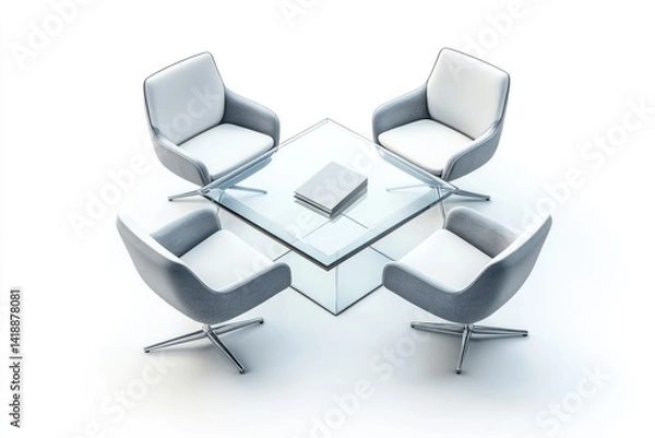Fototapeta Modern minimalist office setup with four grey and white chairs around a glass table.