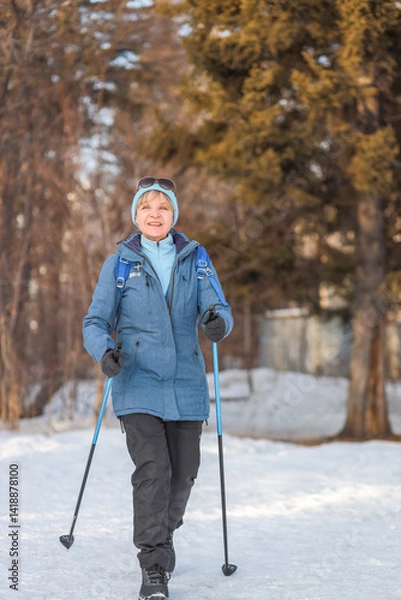 Fototapeta Sporty retired woman walking in winter park with Nordic walking poles, improving her health and enjoying nature. Fitness concept, health clubs, winter activities.