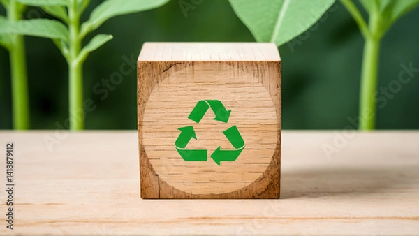 Fototapeta Eco-Friendly Home: A wooden cube with a recycle symbol rests beside fresh greenery, showcasing the concept of sustainable living and environmental responsibility.