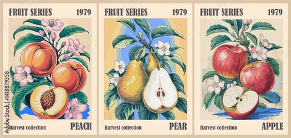 Fototapeta Set of abstract Fruit Market retro posters. Trendy kitchen gallery wall art with peach, pear, apple. Modern naive groovy interior paintings. Vector art illustration.