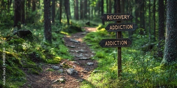 Obraz A forest clearing with wooden signs indicating "RECOVERY" and "ADDICTION".
