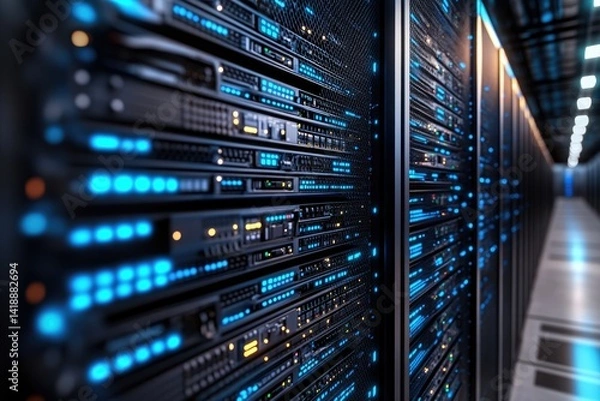 Fototapeta A server room with multiple racks of servers, illuminated with blue lights, showcasing advanced technology and data infrastructure.