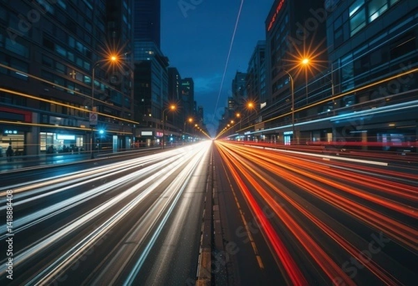 Fototapeta Evening traffic flow in a bustling city center with vibrant light trails