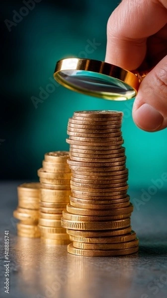 Obraz Hand holding magnifying glass over stacks of gold coins
