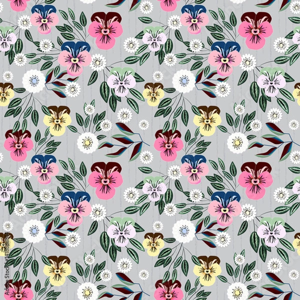 Fototapeta Retro summer floral pattern with viola flowers on a light gray background.