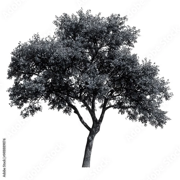 Fototapeta A lone deciduous tree with dense foliage and a sturdy trunk, standing against a plain white background in black and white, illustrating natural growth and tranquility